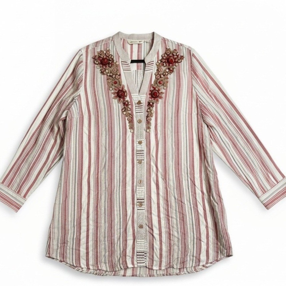 Soft Surroundings Tunic XL Red White Striped Beaded Embellished Boho